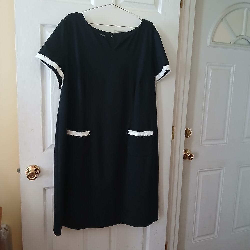 Talbots Shift Dress Women 20W Black White Fringe Trim Ponte Career Mod Retro NWT - Picture 2 of 14